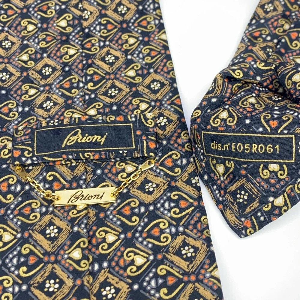 BRIONI Roma Black Gold Orange Gray Tie Mens Hearts Circles Art Necktie 60
